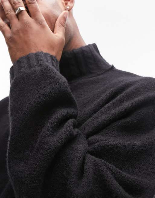 Topman cable detail mock neck jumper in black, 2 of 4