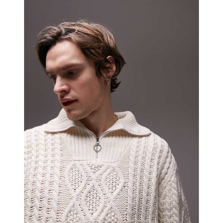 Topman cable knit 1/4 zip sweater in ecru