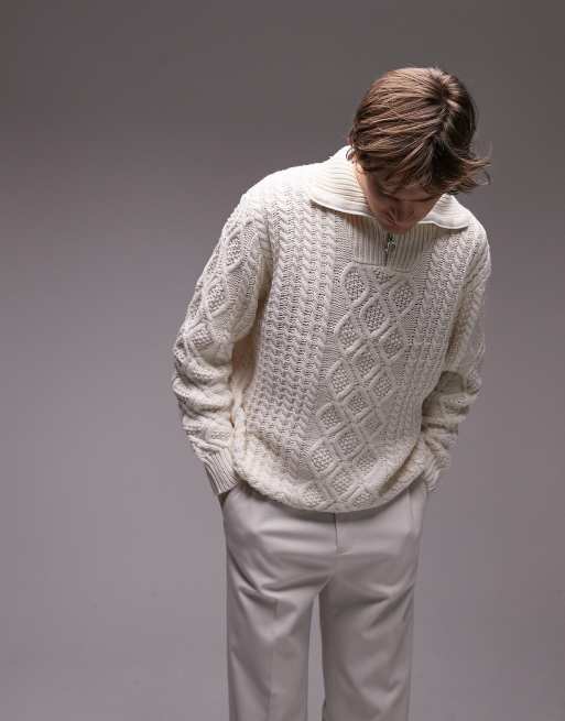 Topman cable knit 1/4 zip sweater in ecru