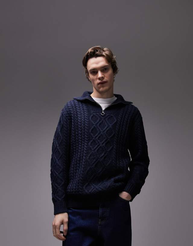 Topman cable knit 1/4 zip sweater in navy