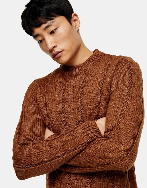 Topman cable knit jumper in brown