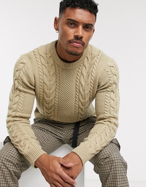 Topman cable knit jumper in stone