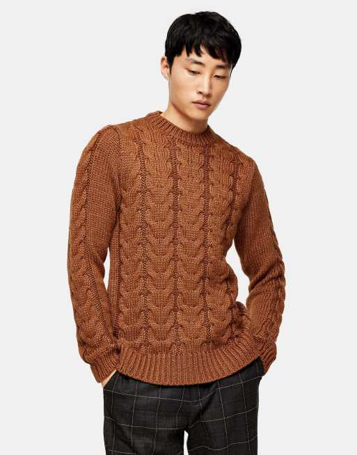 Topman cable knit sweater in brown