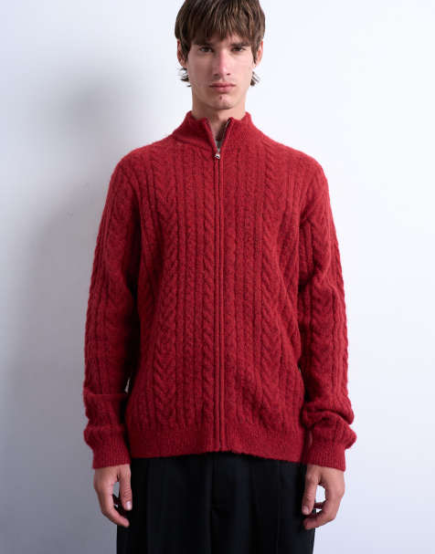 Topman cable knitted zip through funnel neck cardigan in red - view 1