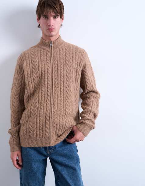 Topman cable knitted zip through funnel neck cardigan in tan