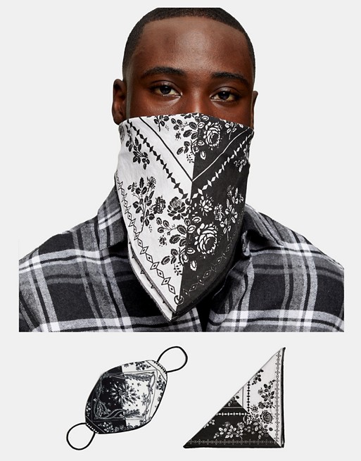 Topman paisley print face covering and bandana in black and white