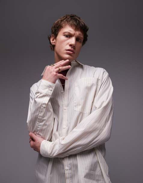 Topman – Camelowa koszula oversize z długimi rękawami, w paski - view 1