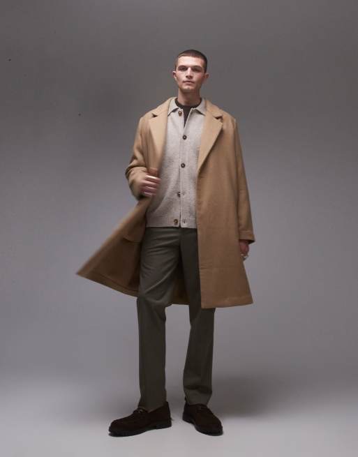 Topman – Camelowy luźny płaszcz jednorzędowy