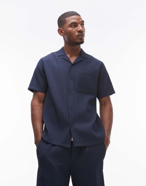 Topman - Camicia a maniche corte blu navy plissé con rever