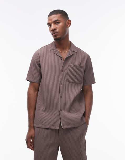 Topman - Camicia a maniche corte cioccolato plissé con rever - view 1