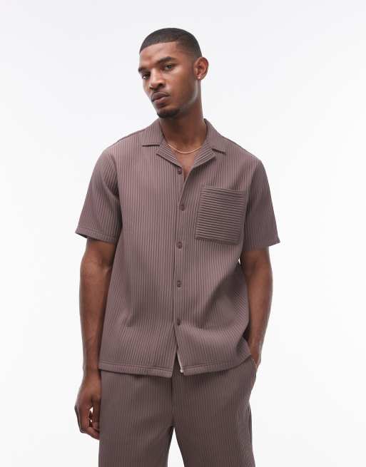 Topman - Camicia a maniche corte cioccolato plissé con rever