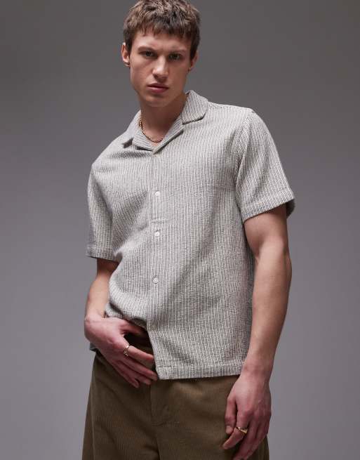 Topman - Camicia a maniche corte color pietra a righe testurizzato