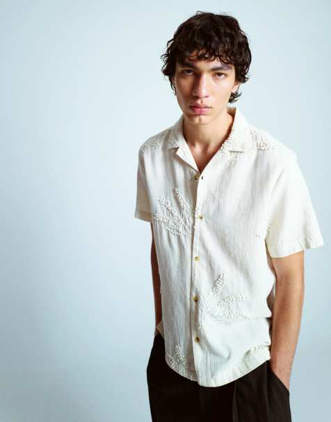 Topman - Camicia a maniche corte color pietra ricamata a mano - view 1