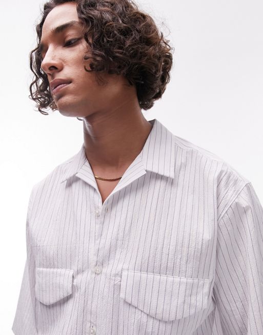 Topman - Camicia a maniche corte comoda bianca a righe con tasca doppia