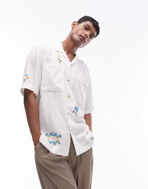 Topman - Camicia a maniche corte comoda bianca con ricami floreali