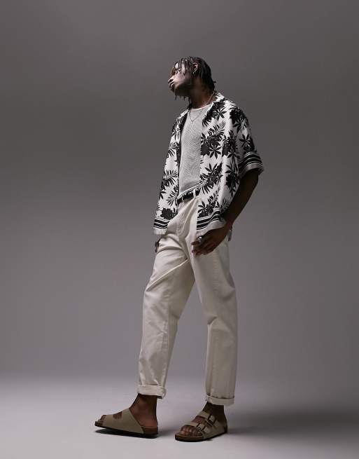 Topman - Camicia a maniche corte comoda bianca in raso con stampa di palme e a contrasto sui bordi