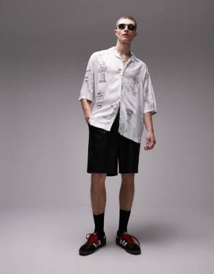 Topman - Camicia a maniche corte comoda con rever bianca con stampa greca