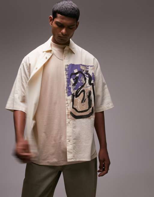 Topman - Camicia a maniche corte comoda con stampa color écru