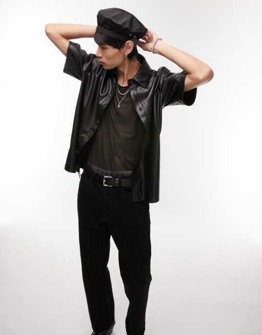 Topman - Camicia a maniche corte comoda in pelle sintetica nera