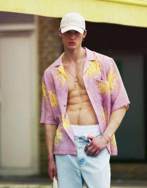 Topman - Camicia a maniche corte comoda rosa con stampa di soli