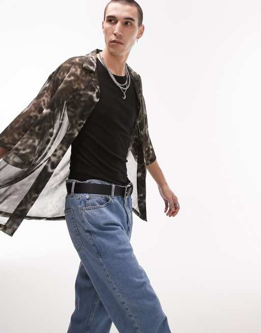 Topman - Camicia a maniche corte comoda trasparente con rever, colore monocromatico