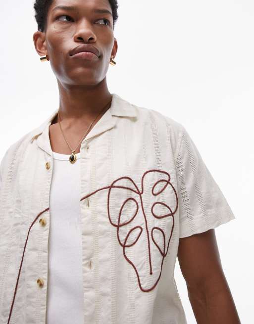 Topman - Camicia a maniche corte écru con fiore ricamato
