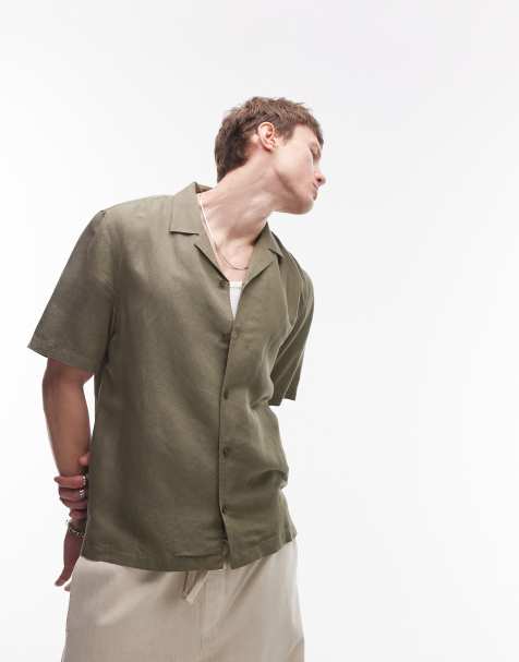 Topman - Camicia a maniche corte in misto lino kaki - view 1