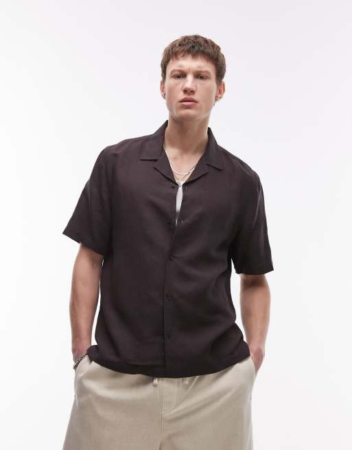 Topman - Camicia a maniche corte in misto lino nera