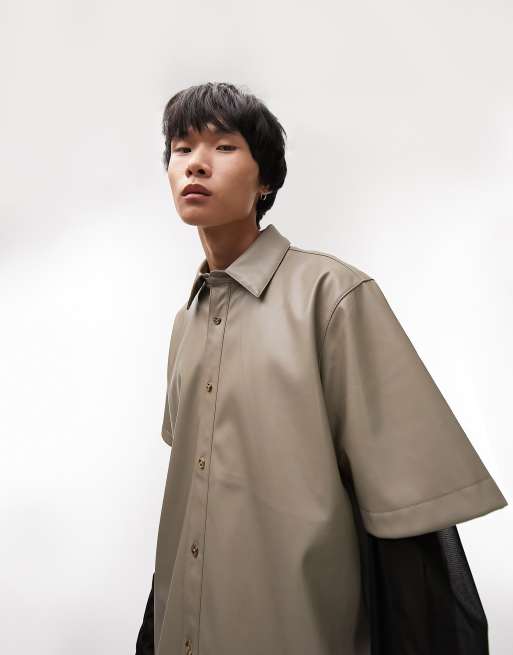 Topman - Camicia a maniche corte in pelle sintetica color pietra