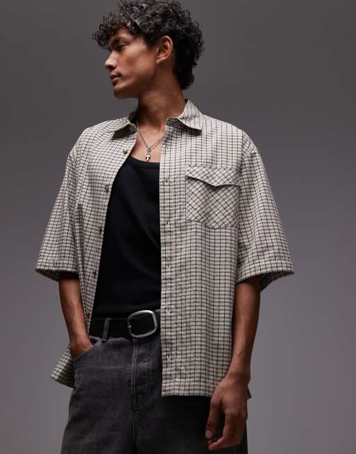 Topman - Camicia a maniche corte in seersucker color pietra a quadri