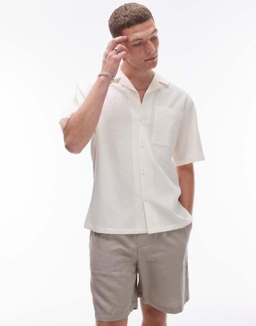 Topman - Camicia a maniche corte in seersucker écru vestibilità comoda