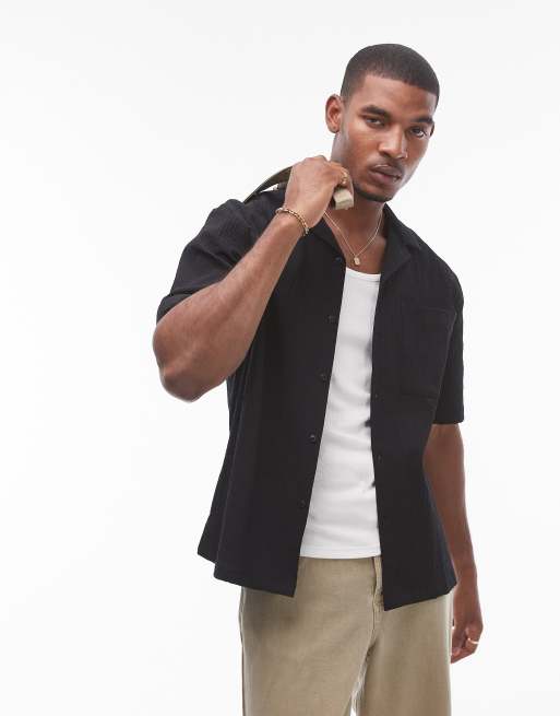 Topman - Camicia a maniche corte in seersucker nero vestibilità comoda