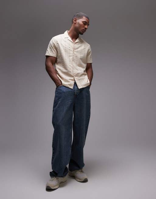 Topman - Camicia a maniche corte in seersucker rosa a righe