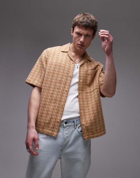 Topman - Camicia a maniche corte marrone a quadri vestibilità comoda - view 1