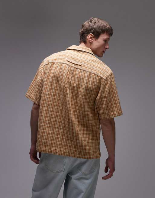 Topman - Camicia a maniche corte marrone a quadri vestibilità comoda, 2 di 4