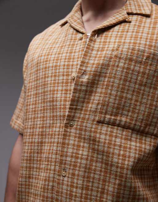 Topman - Camicia a maniche corte marrone a quadri vestibilità comoda, 3 di 4