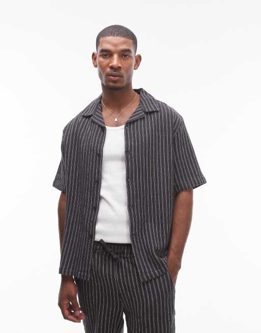 Topman - Camicia a maniche corte nera a righe in coordinato