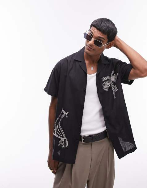 Topman - Camicia a maniche corte nera con palma ricamata - view 1