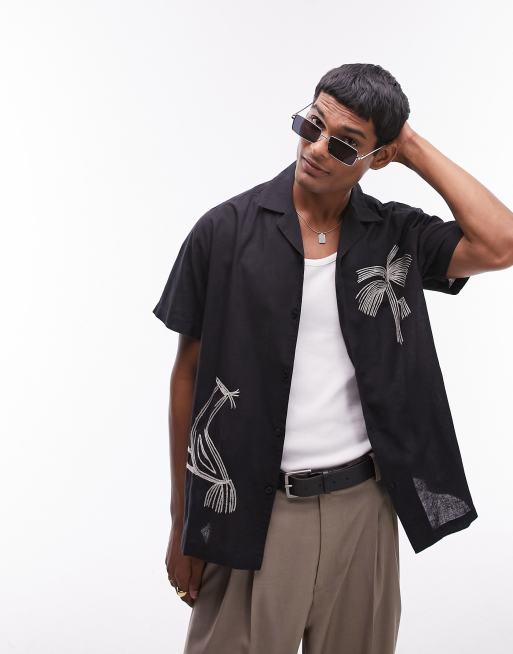 Topman - Camicia a maniche corte nera con palma ricamata