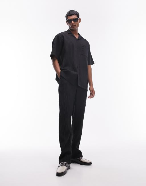 Topman - Camicia a maniche corte plissé nera in coordinato