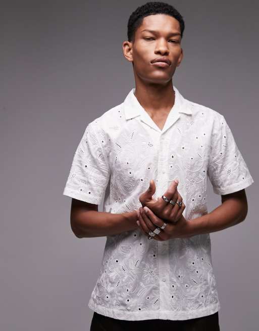 Topman - Camicia a maniche corte regular fit bianca con rever e ricami