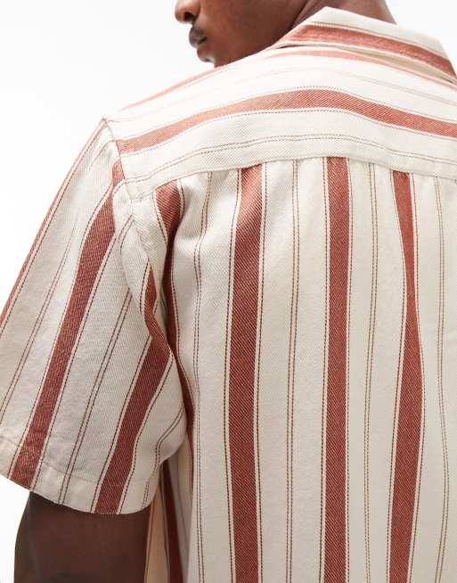 Topman - Camicia a maniche corte vestibilità classica color crema e arancione a righe con rever, 2 di 4