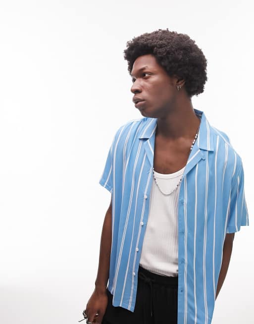 Topman - Camicia a maniche corte vestibilità classica con rever a righe blu