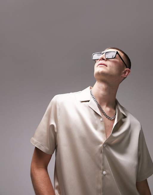 Topman - Camicia a maniche corte vestibilità classica in raso color crema con rever