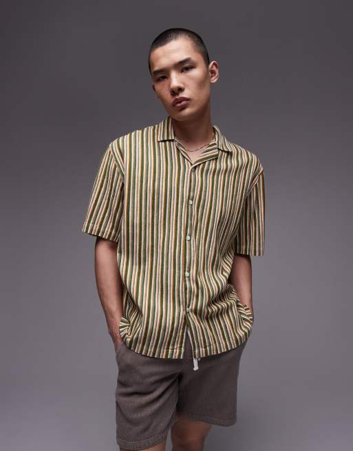 Topman - Camicia a maniche corte vestibilità comoda a righe verdi e gialle