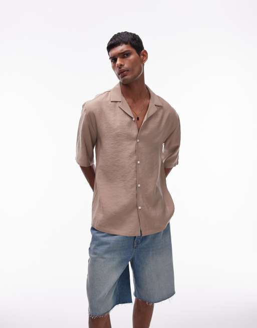 Topman - Camicia a maniche corte vestibilità comoda color cammello in raso