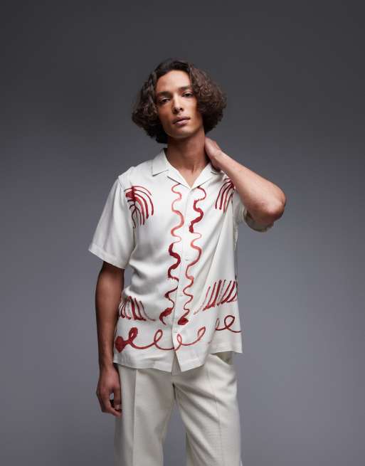 Topman - Camicia a maniche corte vestibilità comoda color écru con stampa di bordi