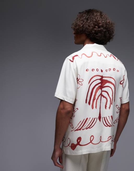 Topman - Camicia a maniche corte vestibilità comoda color écru con stampa di bordi, 2 di 4