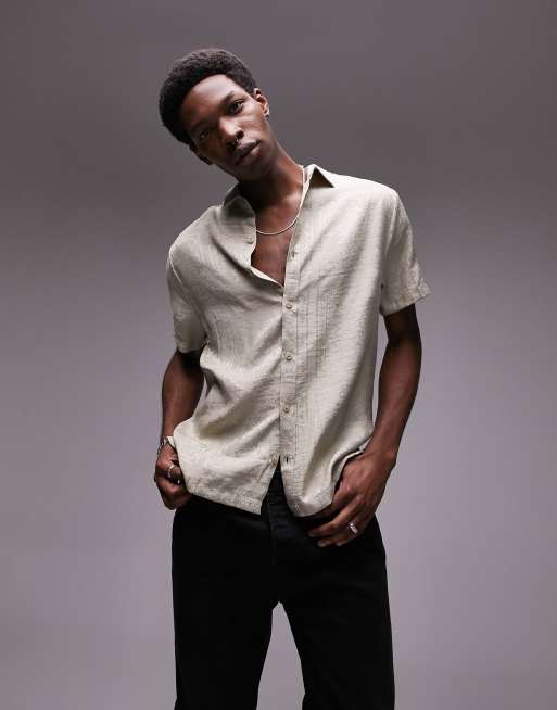 Topman - Camicia a maniche corte vestibilità comoda in jacquard color pietra con motivo stile bandana