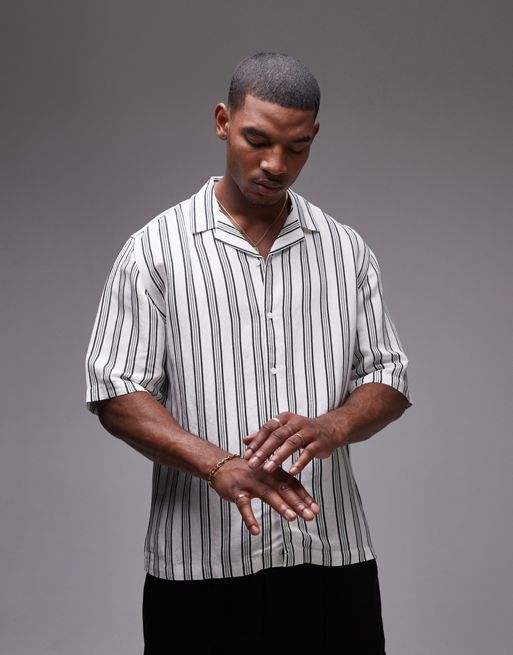Topman - Camicia a maniche corte vestibilità comoda in misto lino bianca a righe